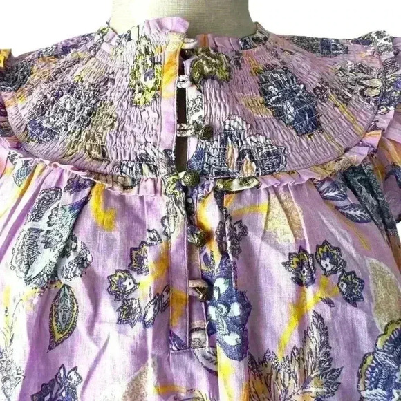 Anthropologie Floral Smocked Ruffle Short Sleeve Blouse XS - Picture 8 of 9